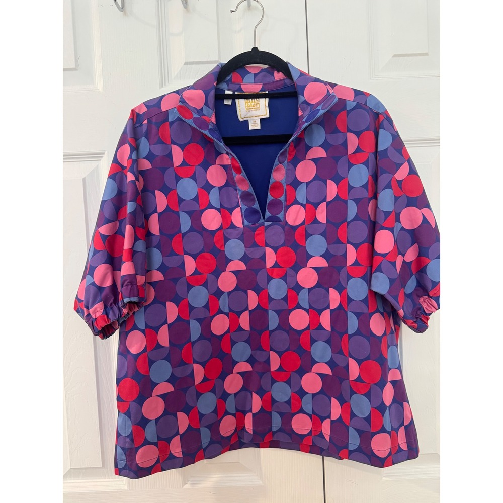 Emily McCarthy Poppy Top Purple Pink Geometric Circle Print V-Neck Blouse Medium